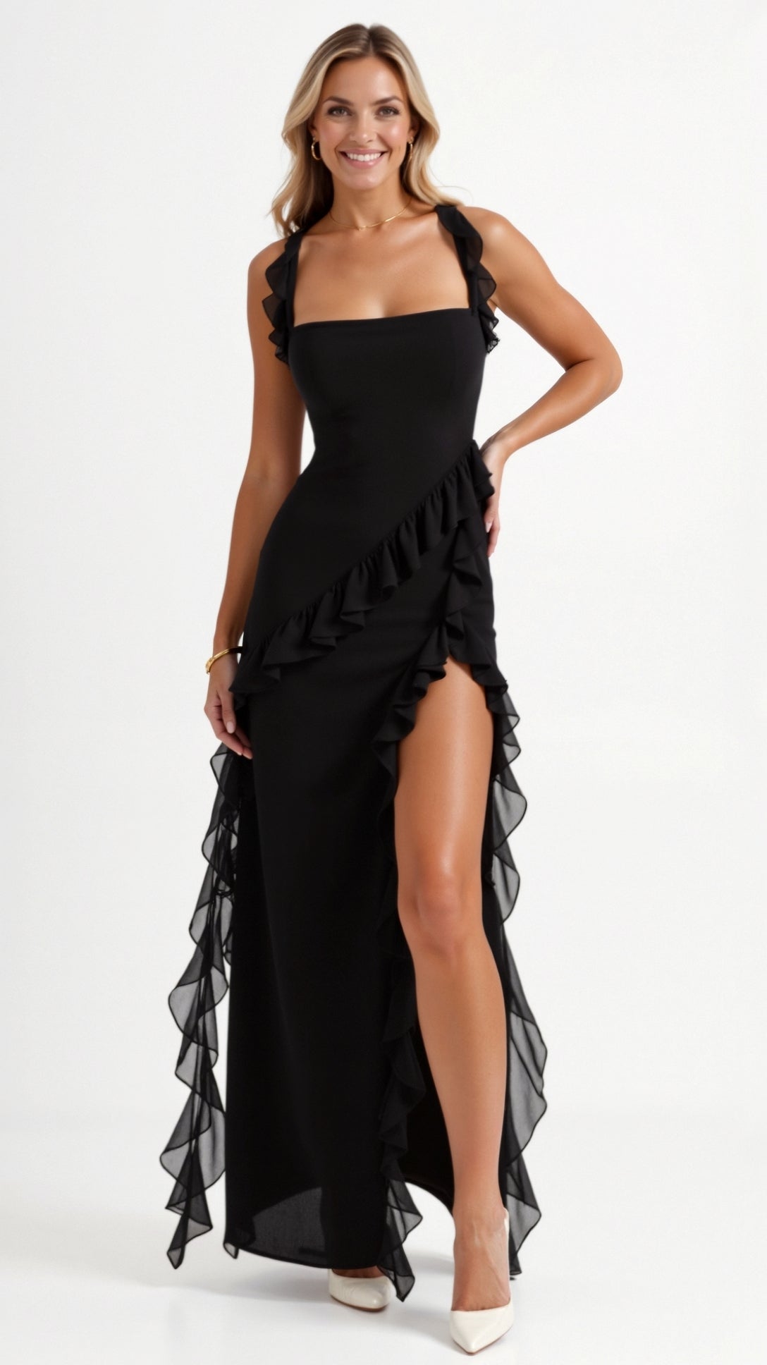 Tanzanix | Ruffled Maxi Dress with High Slit-Apparel & Accessories > Clothing > Dresses-Black-XS-Tanzanix