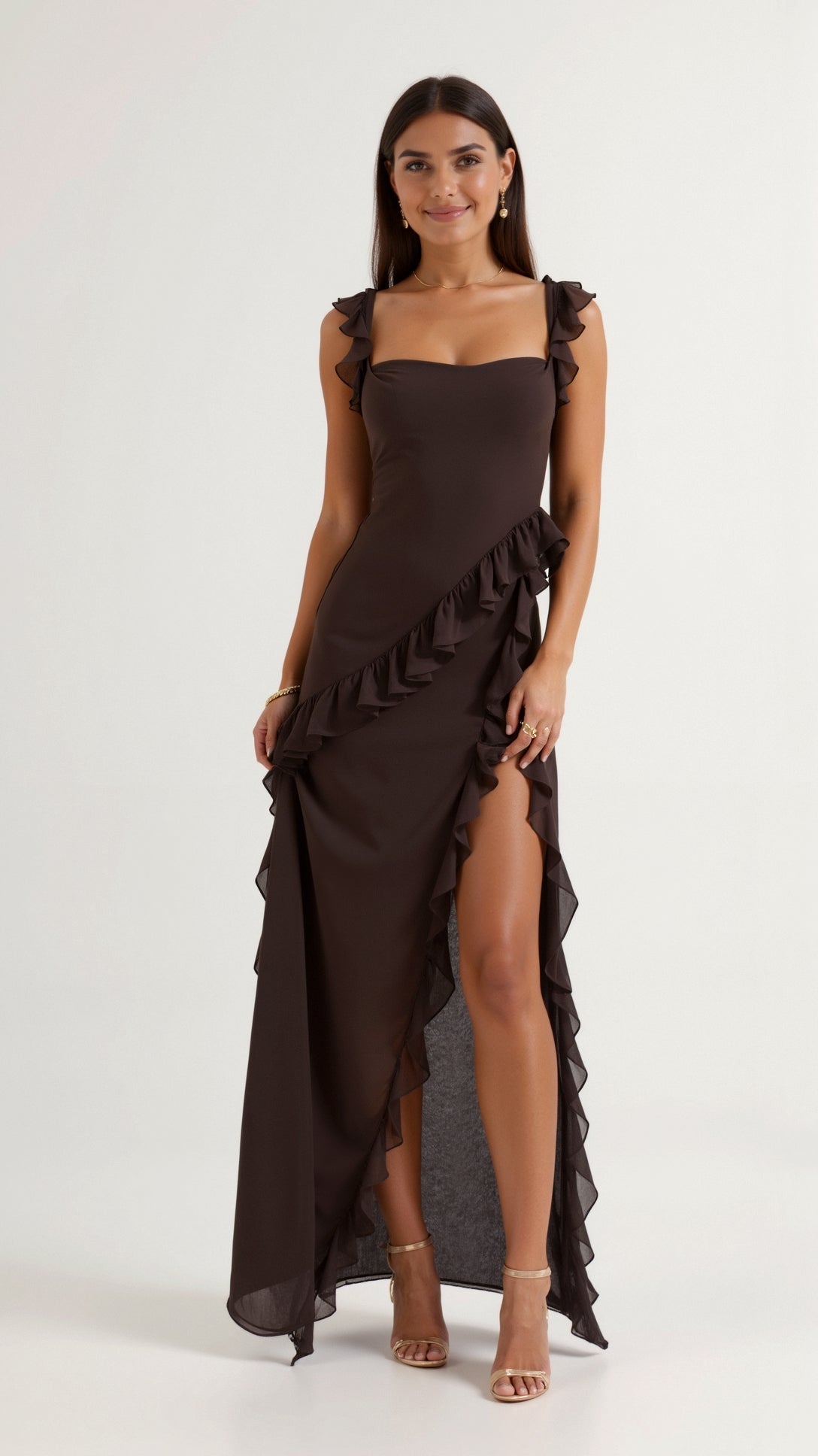 Tanzanix | Ruffled Maxi Dress with High Slit-Apparel & Accessories > Clothing > Dresses-Brown-XS-Tanzanix