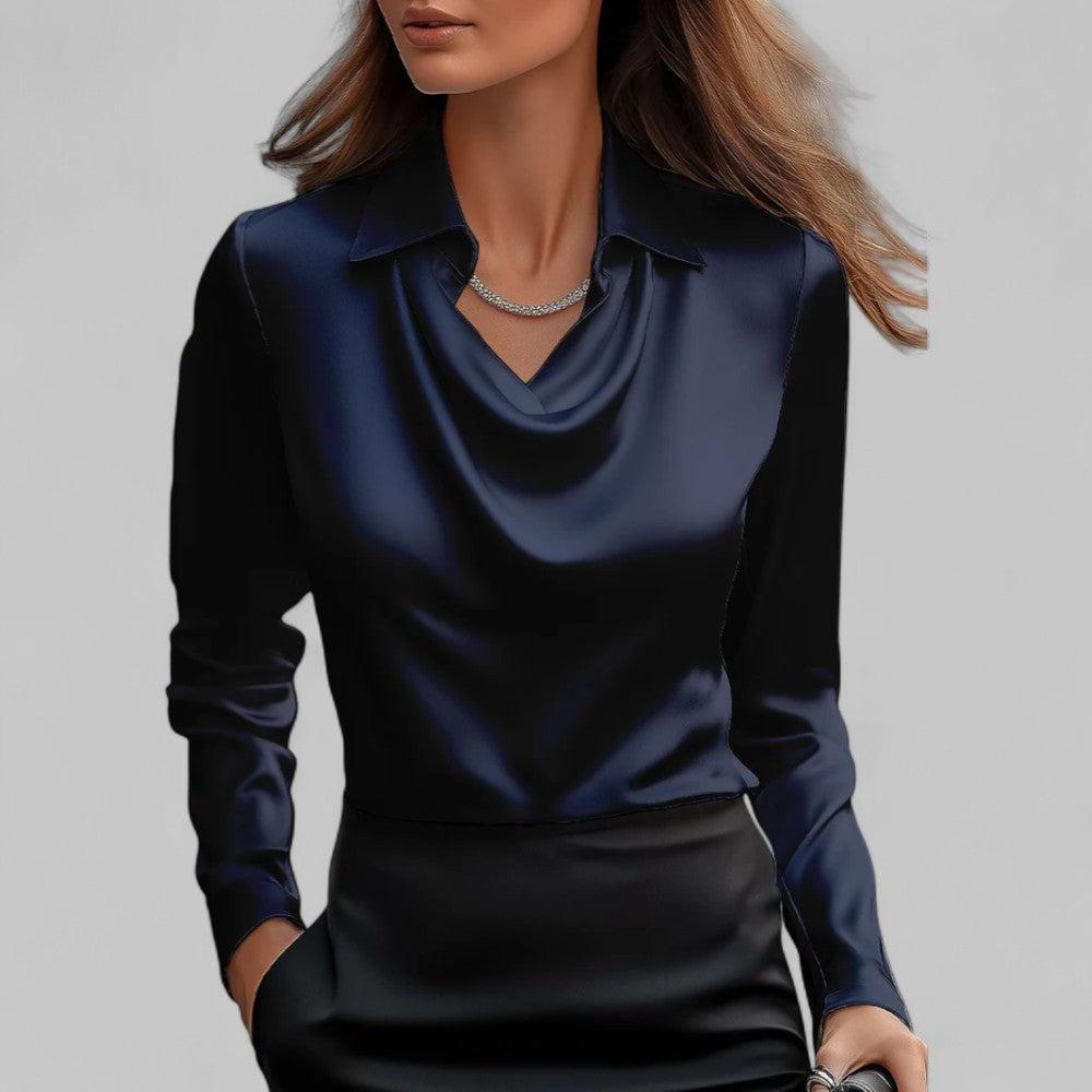 Tanzanix | Satin blouse with shawl collar-Apparel & Accessories > Clothing > Clothing Tops > Blouses-Navy-S-Tanzanix