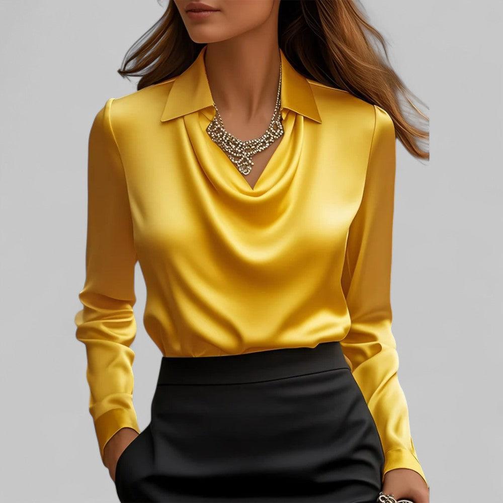 Tanzanix | Satin blouse with shawl collar-Apparel & Accessories > Clothing > Clothing Tops > Blouses-Yellow-S-Tanzanix