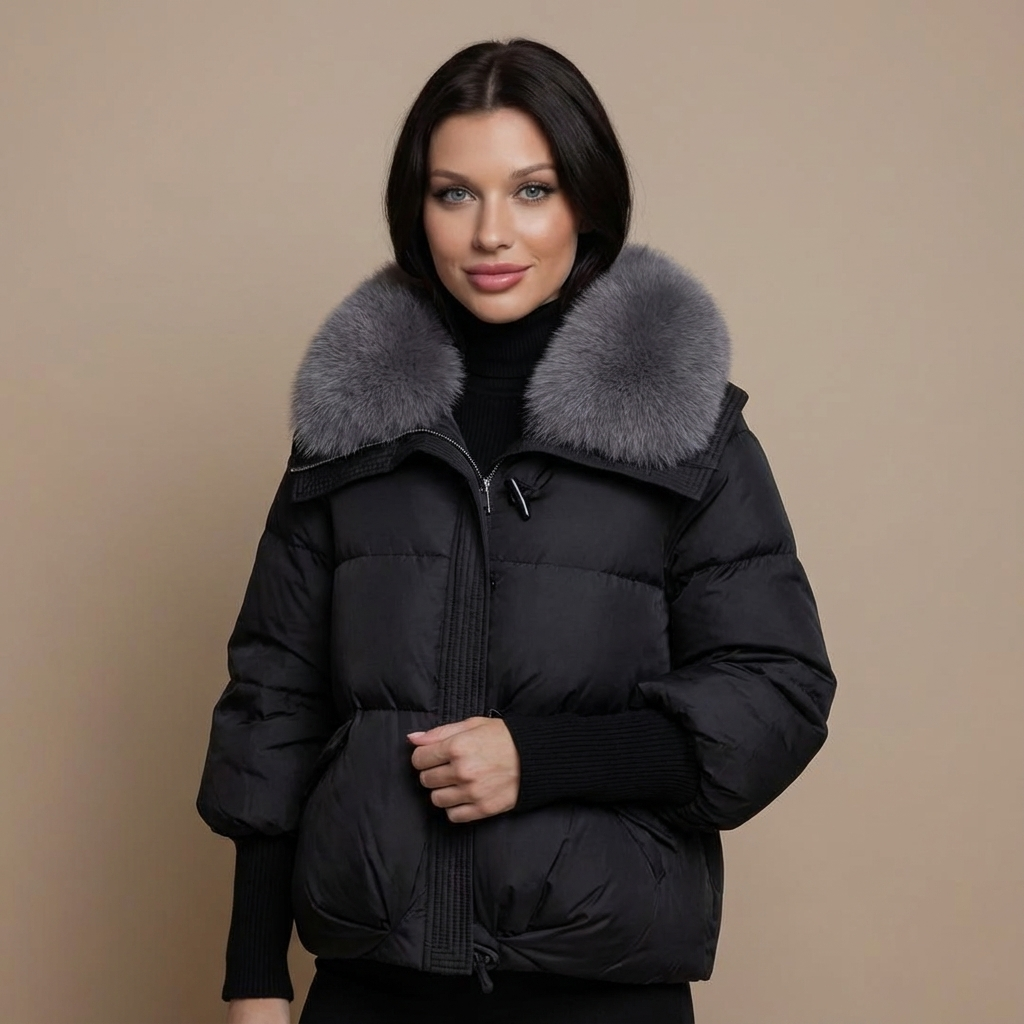 Tanzanix | Short puffer jacket with eco-fur collar-Apparel & Accessories > Clothing > Outerwear > Coats & Jackets > Puffer Jackets-Black-S-Tanzanix