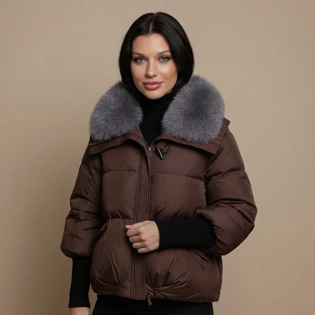 Tanzanix | Short puffer jacket with eco-fur collar-Apparel & Accessories > Clothing > Outerwear > Coats & Jackets > Puffer Jackets-Brown-S-Tanzanix