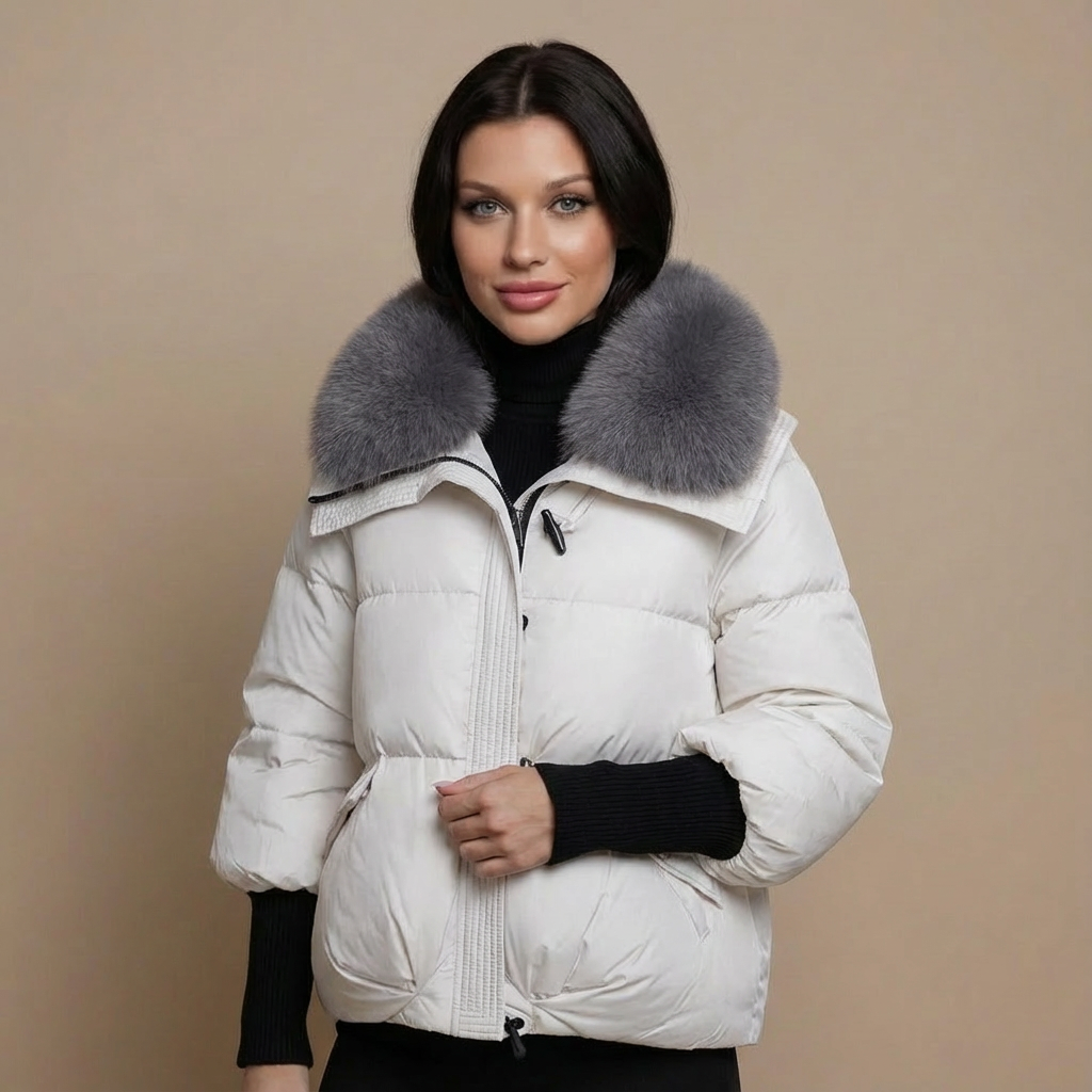 Tanzanix | Short puffer jacket with eco-fur collar-Apparel & Accessories > Clothing > Outerwear > Coats & Jackets > Puffer Jackets-White-S-Tanzanix