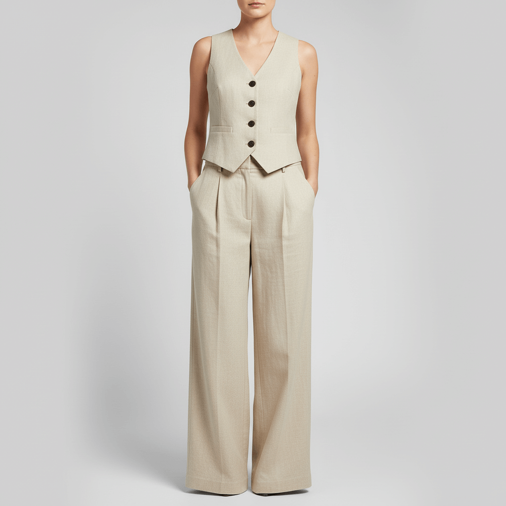 Tanzanix | Structured vest and wide-leg linen two-piece set-Apparel & Accessories > Clothing > Outfit Sets-Beige-S-Tanzanix