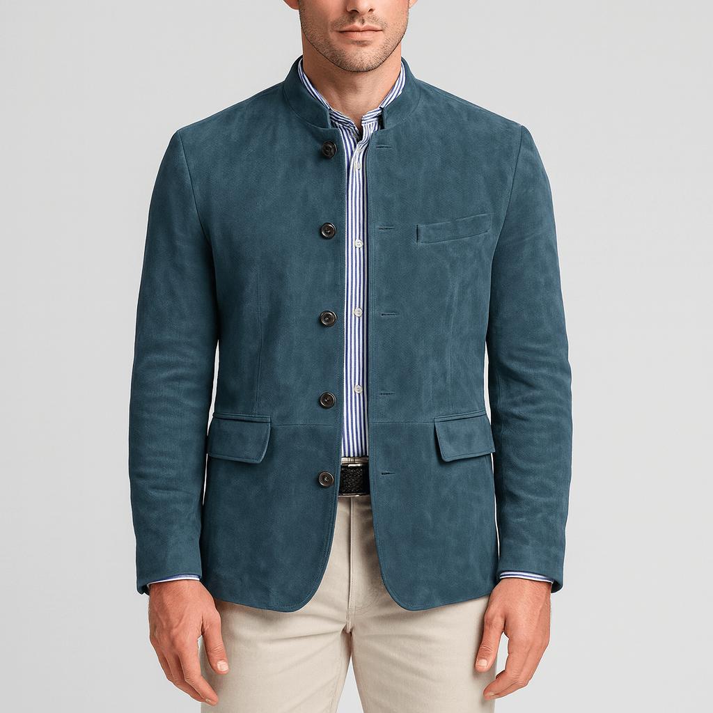 Tanzanix | Suede blazer with band collar-Apparel & Accessories > Clothing > Outerwear > Coats & Jackets > Sport Jackets-Blue-S-Tanzanix