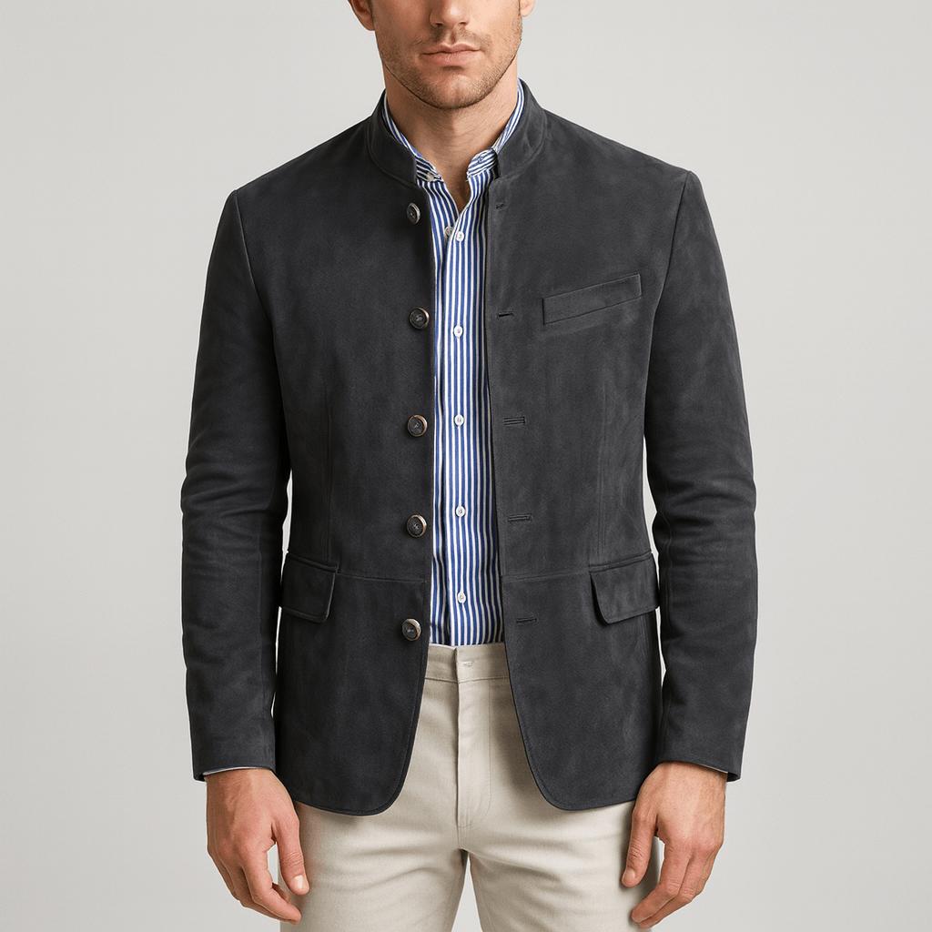 Tanzanix | Suede blazer with band collar-Apparel & Accessories > Clothing > Outerwear > Coats & Jackets > Sport Jackets-Grey-S-Tanzanix