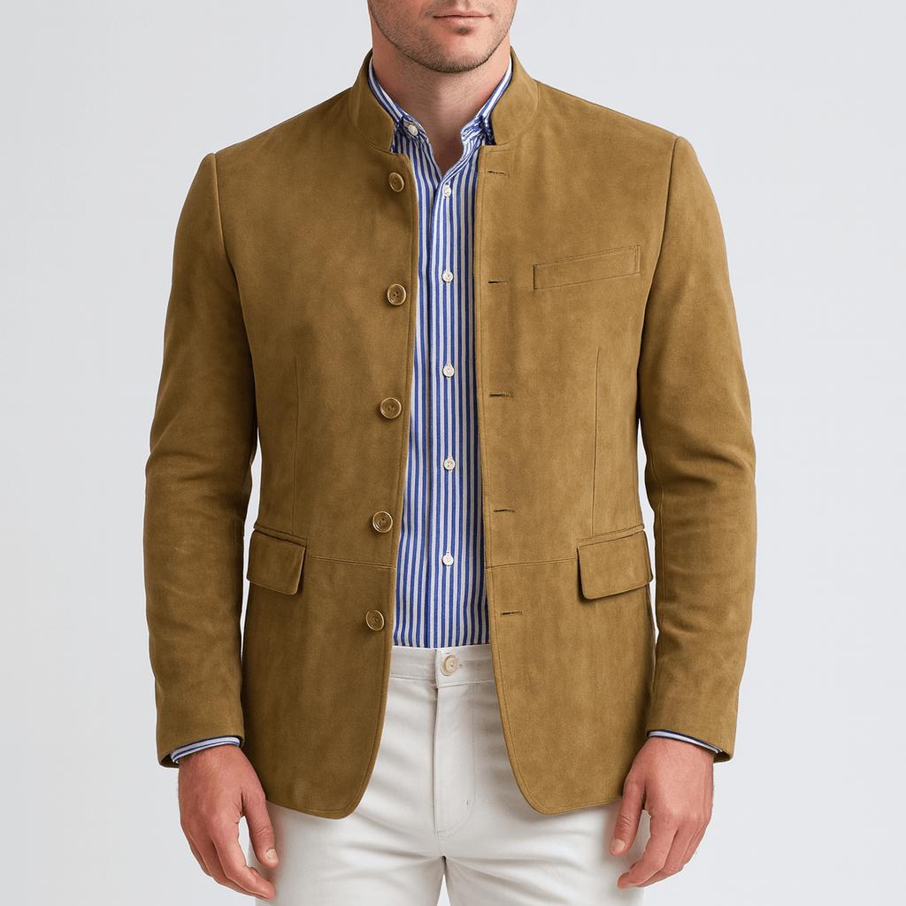 Tanzanix | Suede blazer with band collar-Apparel & Accessories > Clothing > Outerwear > Coats & Jackets > Sport Jackets-Khaki-S-Tanzanix