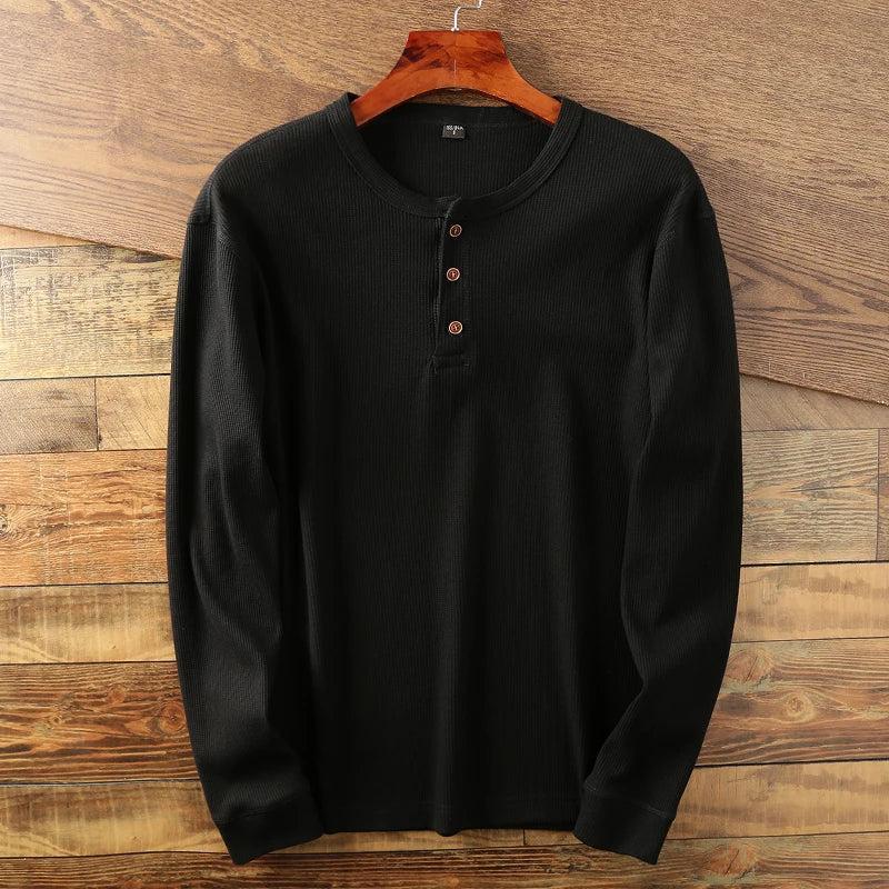Tanzanix | Textured waffle knit long sleeve henley shirt-Apparel & Accessories > Clothing > Clothing Tops > Shirts-Black-XS-Tanzanix