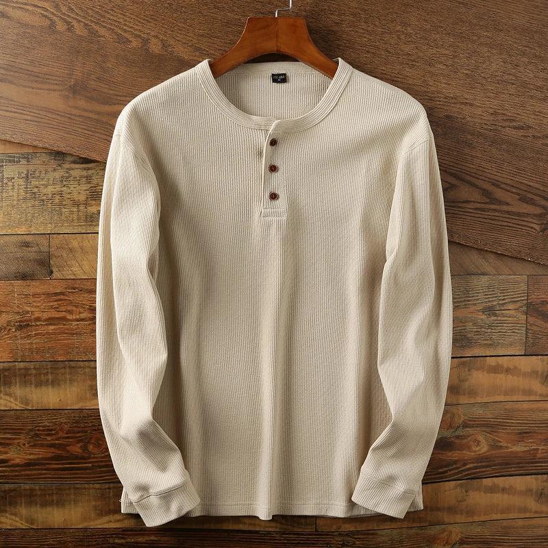 Tanzanix | Textured waffle knit long sleeve henley shirt-Apparel & Accessories > Clothing > Clothing Tops > Shirts-Khaki-XS-Tanzanix