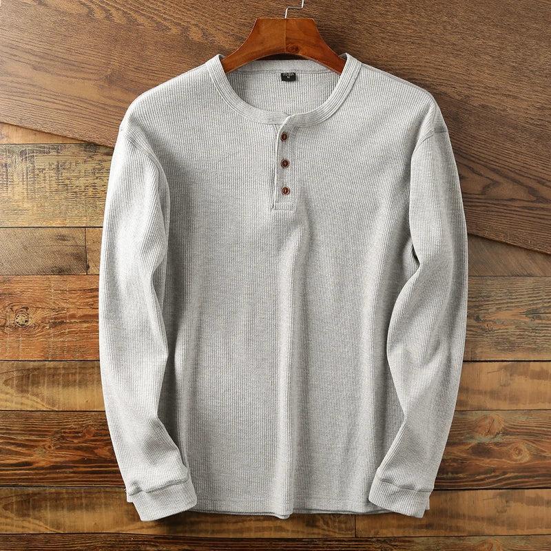 Tanzanix | Textured waffle knit long sleeve henley shirt-Apparel & Accessories > Clothing > Clothing Tops > Shirts-Light Gray-XS-Tanzanix