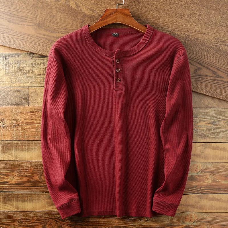 Tanzanix | Textured waffle knit long sleeve henley shirt-Apparel & Accessories > Clothing > Clothing Tops > Shirts-Red-XS-Tanzanix