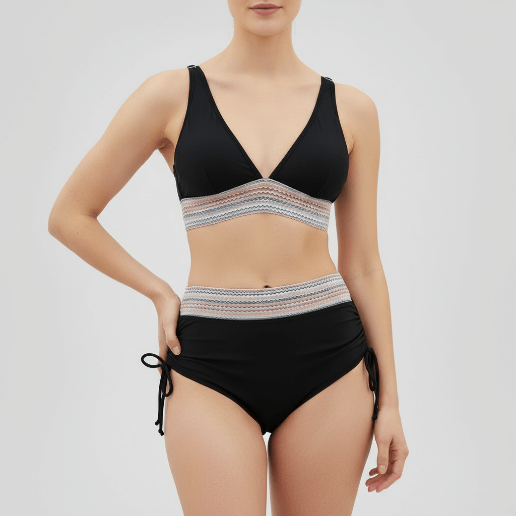 Tanzanix | V-neck two-piece swimsuit with adjustable straps and high-waisted bottoms-Apparel & Accessories > Clothing > Swimwear > Classic Bikinis-Black-S-Tanzanix
