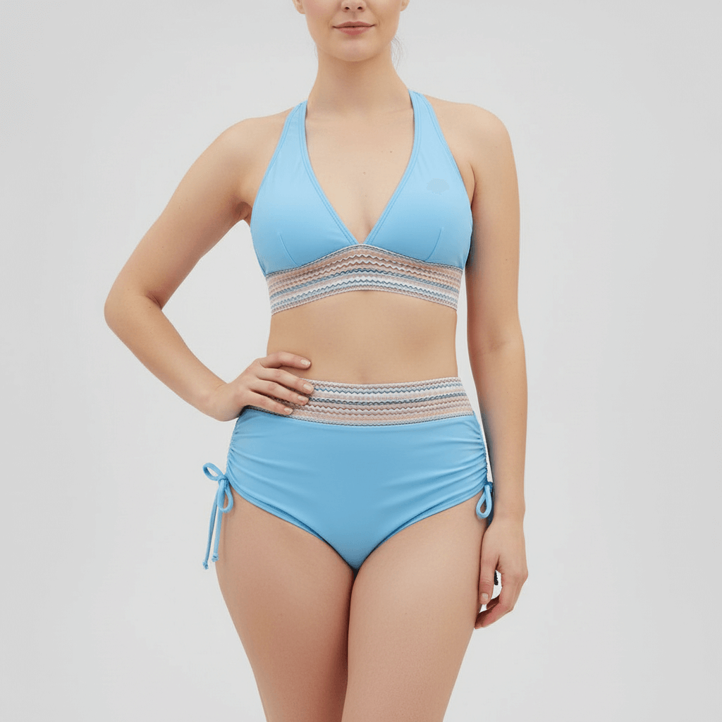 Tanzanix | V-neck two-piece swimsuit with adjustable straps and high-waisted bottoms-Apparel & Accessories > Clothing > Swimwear > Classic Bikinis-Blue-S-Tanzanix