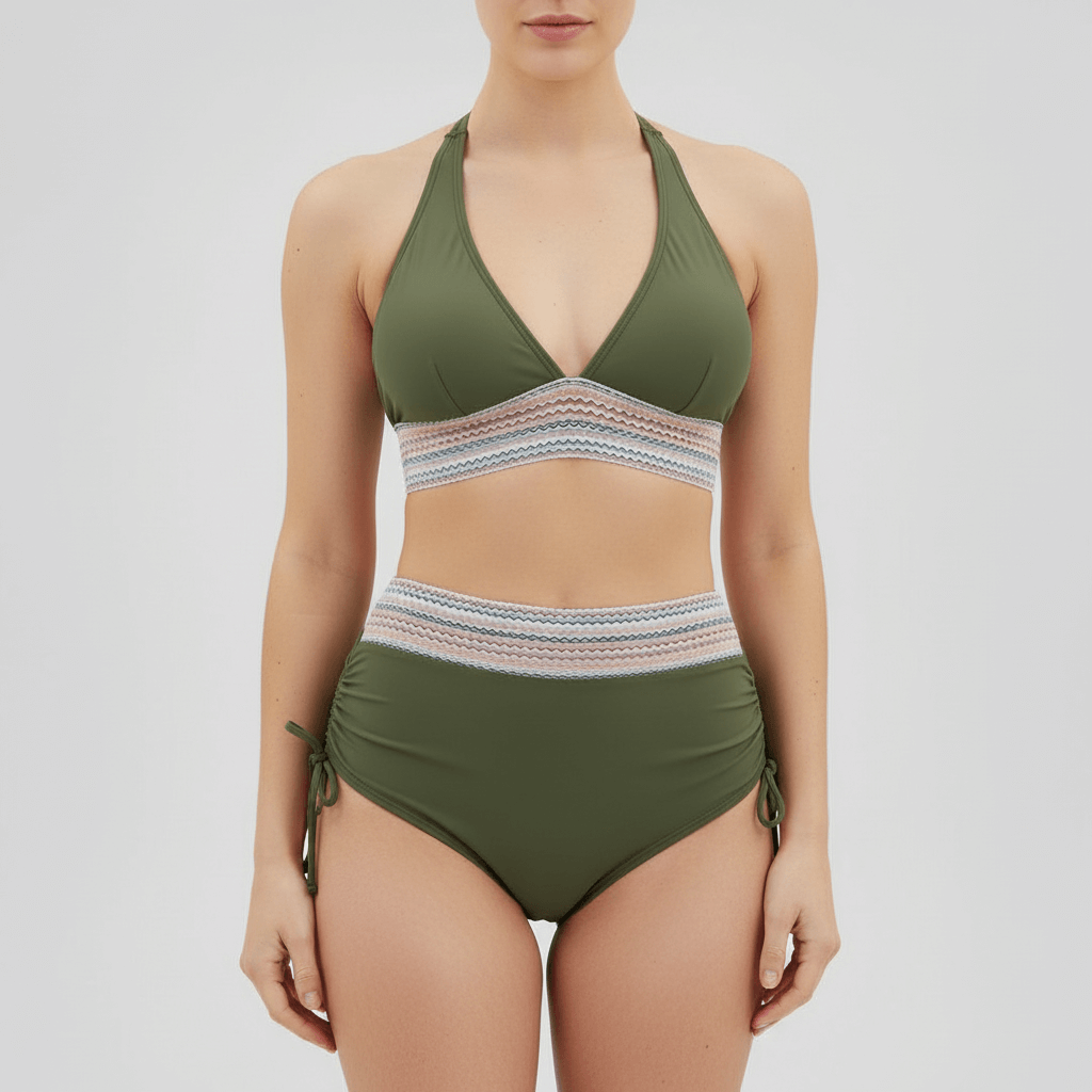 Tanzanix | V-neck two-piece swimsuit with adjustable straps and high-waisted bottoms-Apparel & Accessories > Clothing > Swimwear > Classic Bikinis-Green-S-Tanzanix