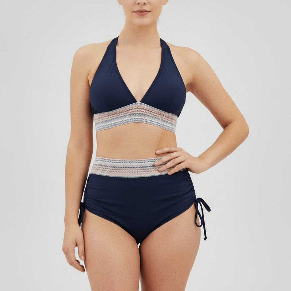 Tanzanix | V-neck two-piece swimsuit with adjustable straps and high-waisted bottoms-Apparel & Accessories > Clothing > Swimwear > Classic Bikinis-Navy-S-Tanzanix