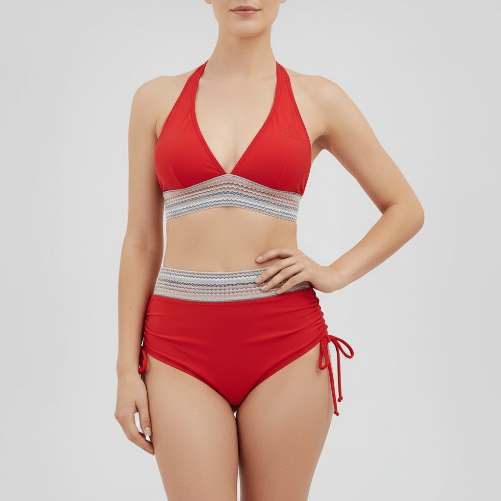 Tanzanix | V-neck two-piece swimsuit with adjustable straps and high-waisted bottoms-Apparel & Accessories > Clothing > Swimwear > Classic Bikinis-Red-S-Tanzanix