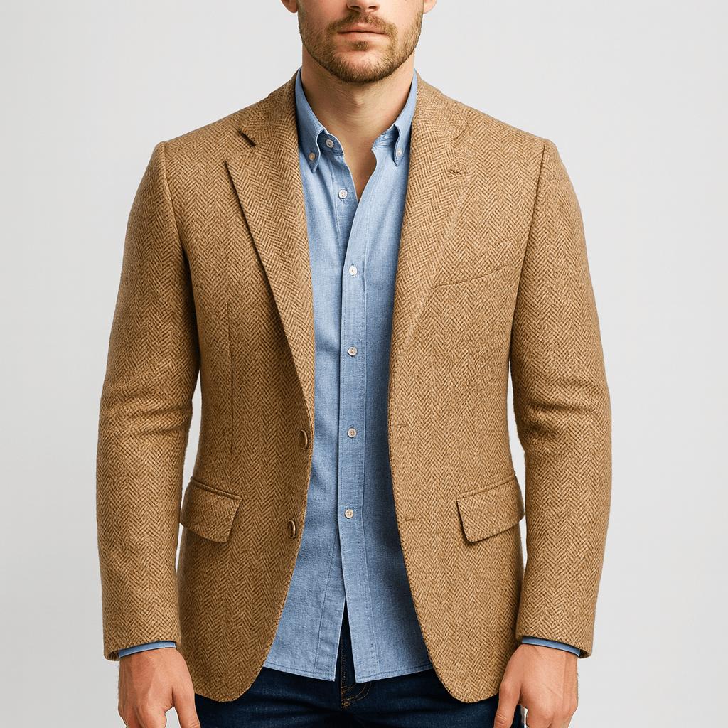 Tanzanix | Vintage Herringbone woolen coat-Apparel & Accessories > Clothing > Outerwear > Coats & Jackets-Khaki-S-Tanzanix