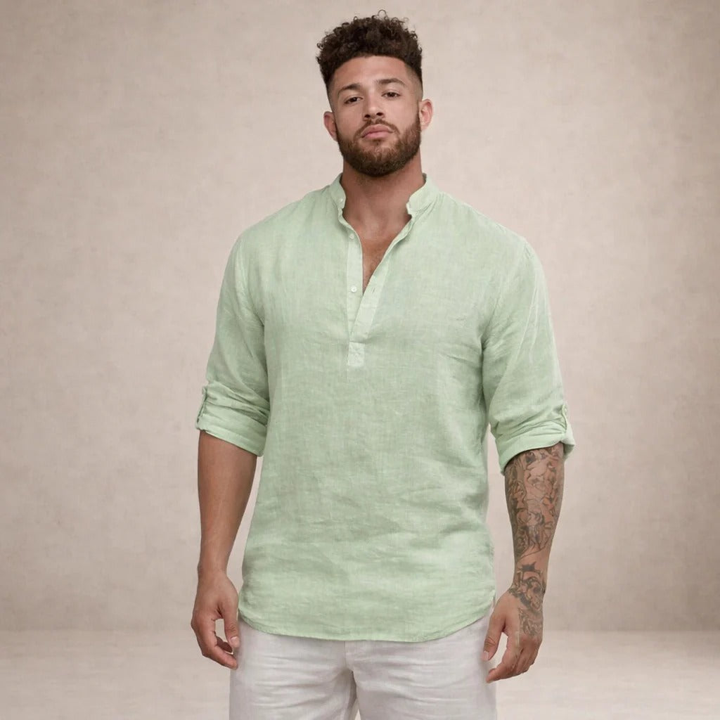 Aaron | Men's Linen Grandad Collar Shirt - view 11