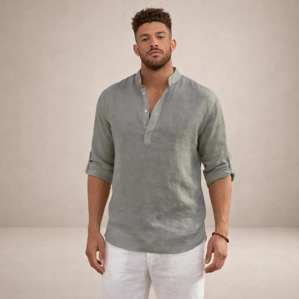 Aaron | Men's Linen Grandad Collar Shirt - view 14