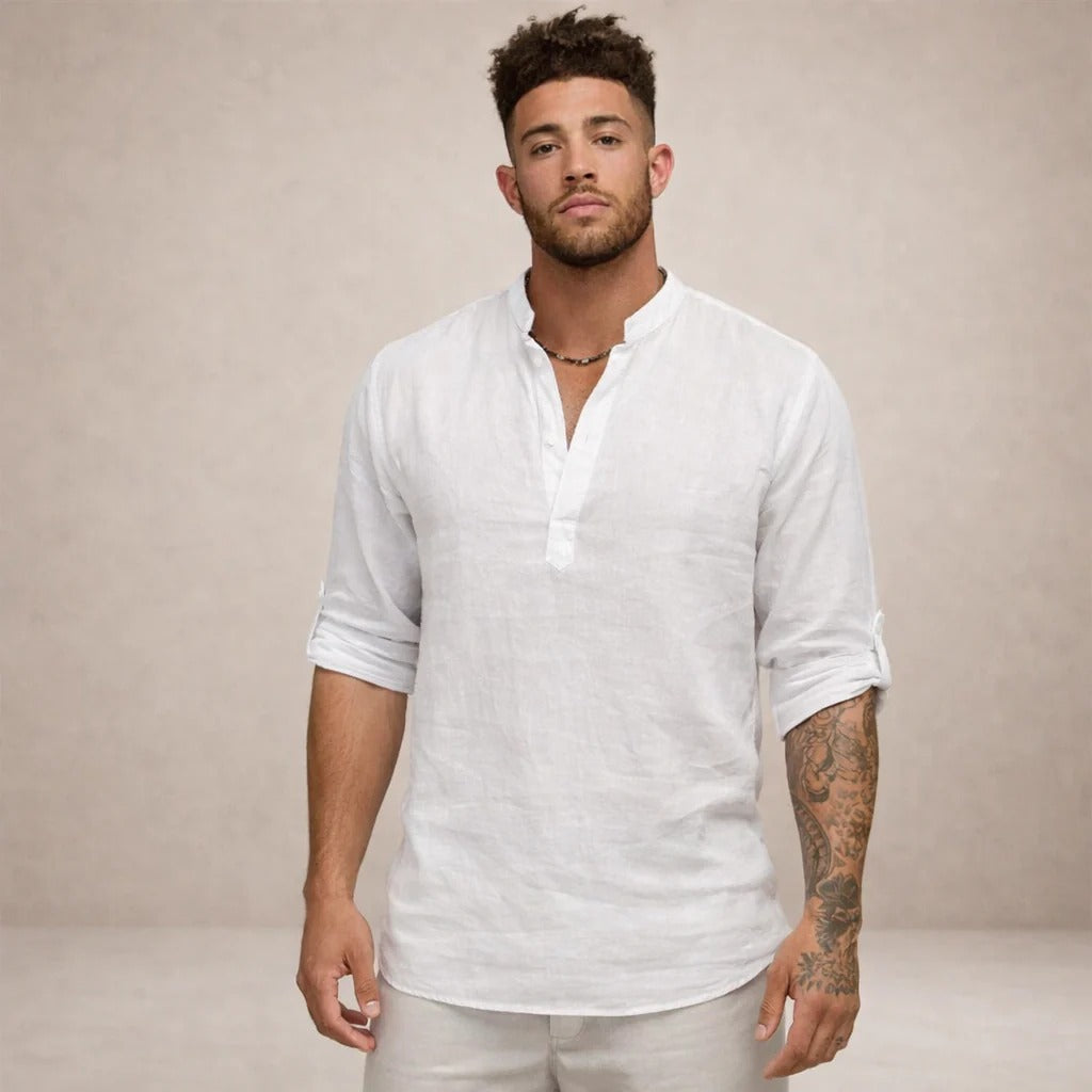 Aaron | Men's Linen Grandad Collar Shirt - view 16