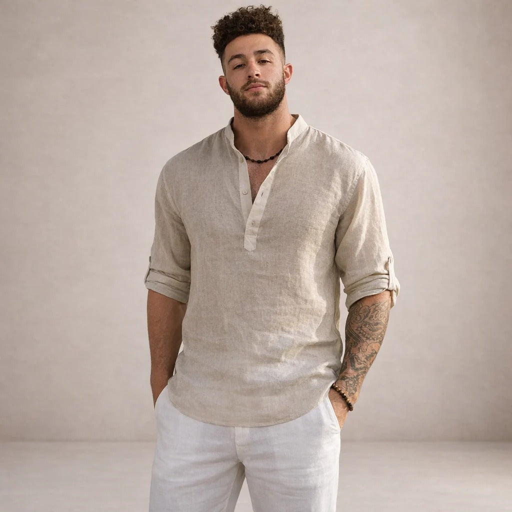 Aaron | Men's Linen Grandad Collar Shirt - view 8