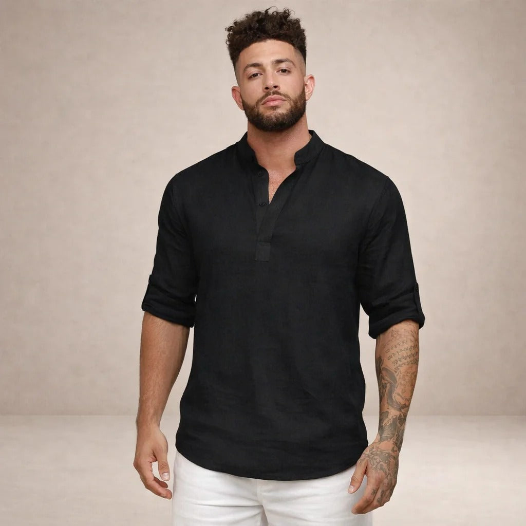 Aaron | Men's Linen Grandad Collar Shirt - view 9
