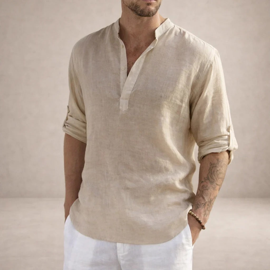 Aaron | Men's Linen Grandad Collar Shirt - Khaki