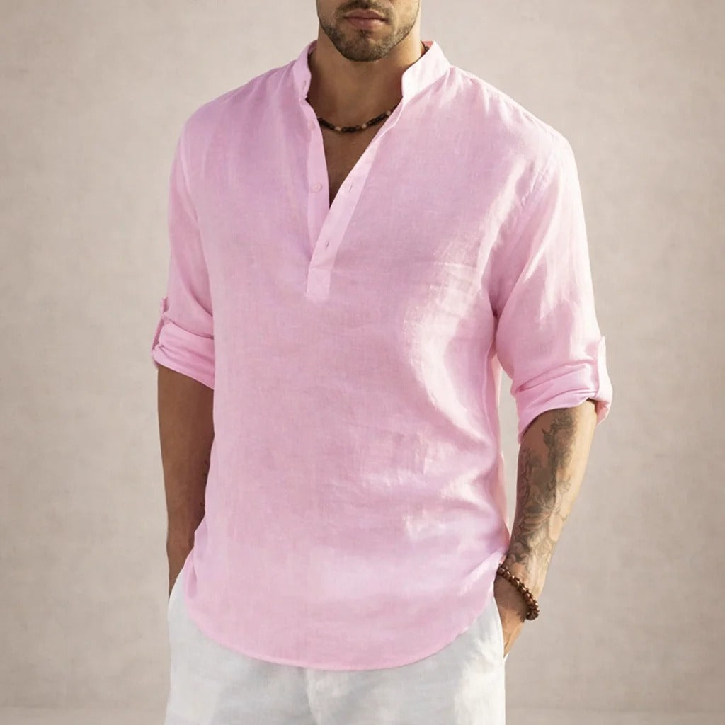 Aaron | Men's Linen Grandad Collar Shirt - Pink
