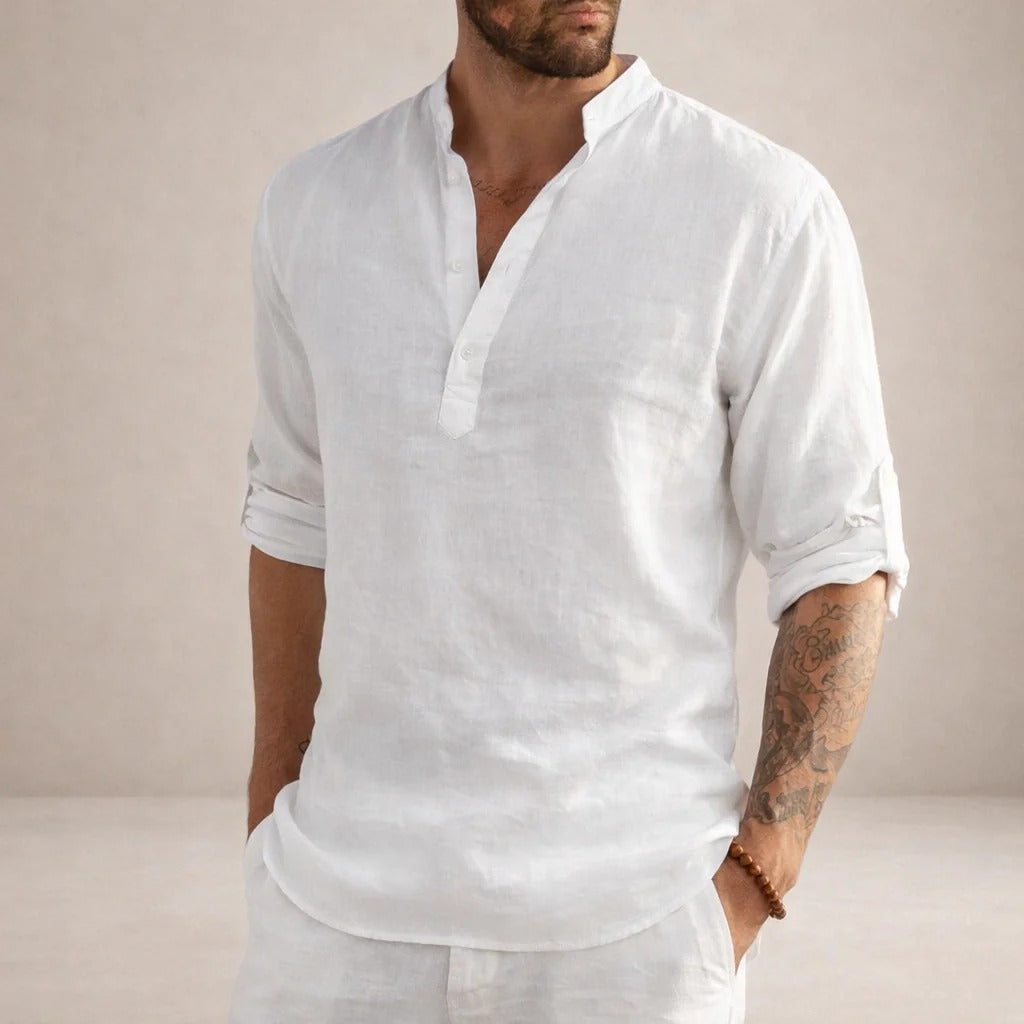 Aaron | Men's Linen Grandad Collar Shirt - White