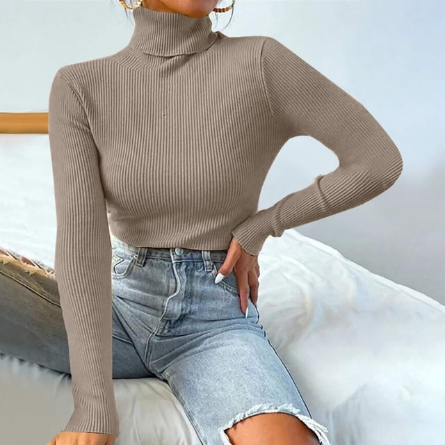 Abigail | Women's Ribbed Turtleneck Sweater - Khaki