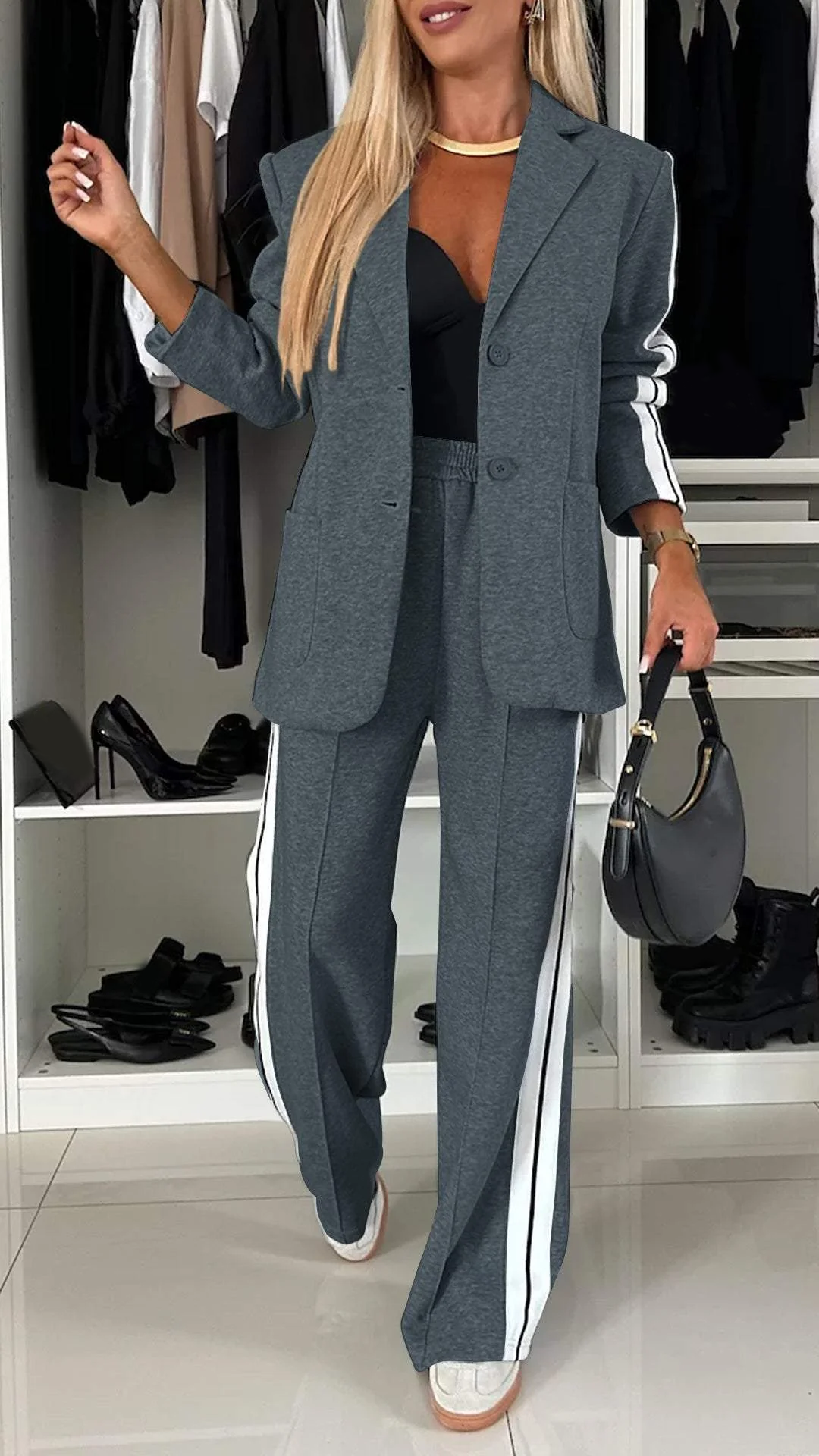 Abigail | Women's Two-Piece Blazer & Trouser Suit Set - Dark Gray
