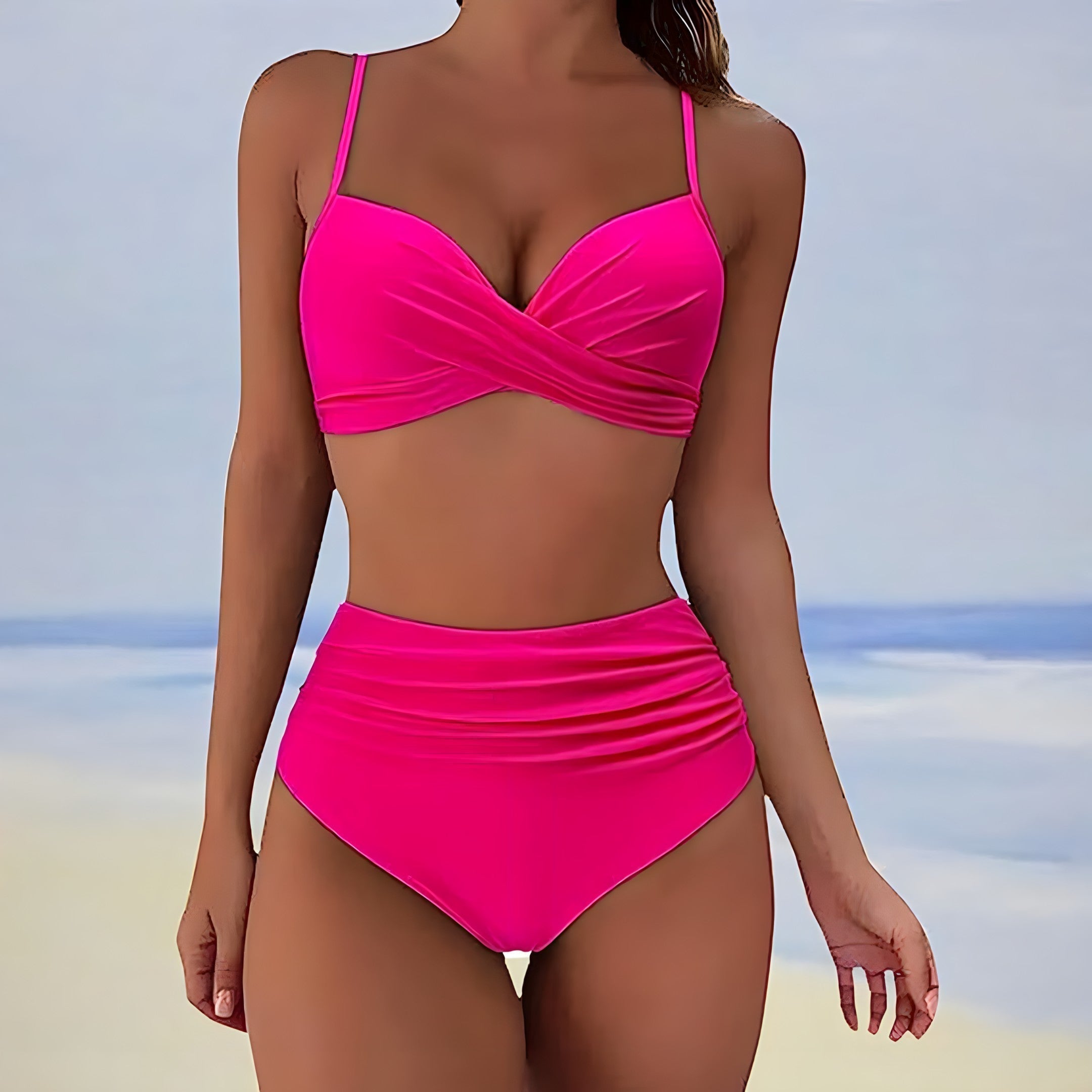 Agnes | Women's High Waisted Twist Front Bikini Set - Hot Pink