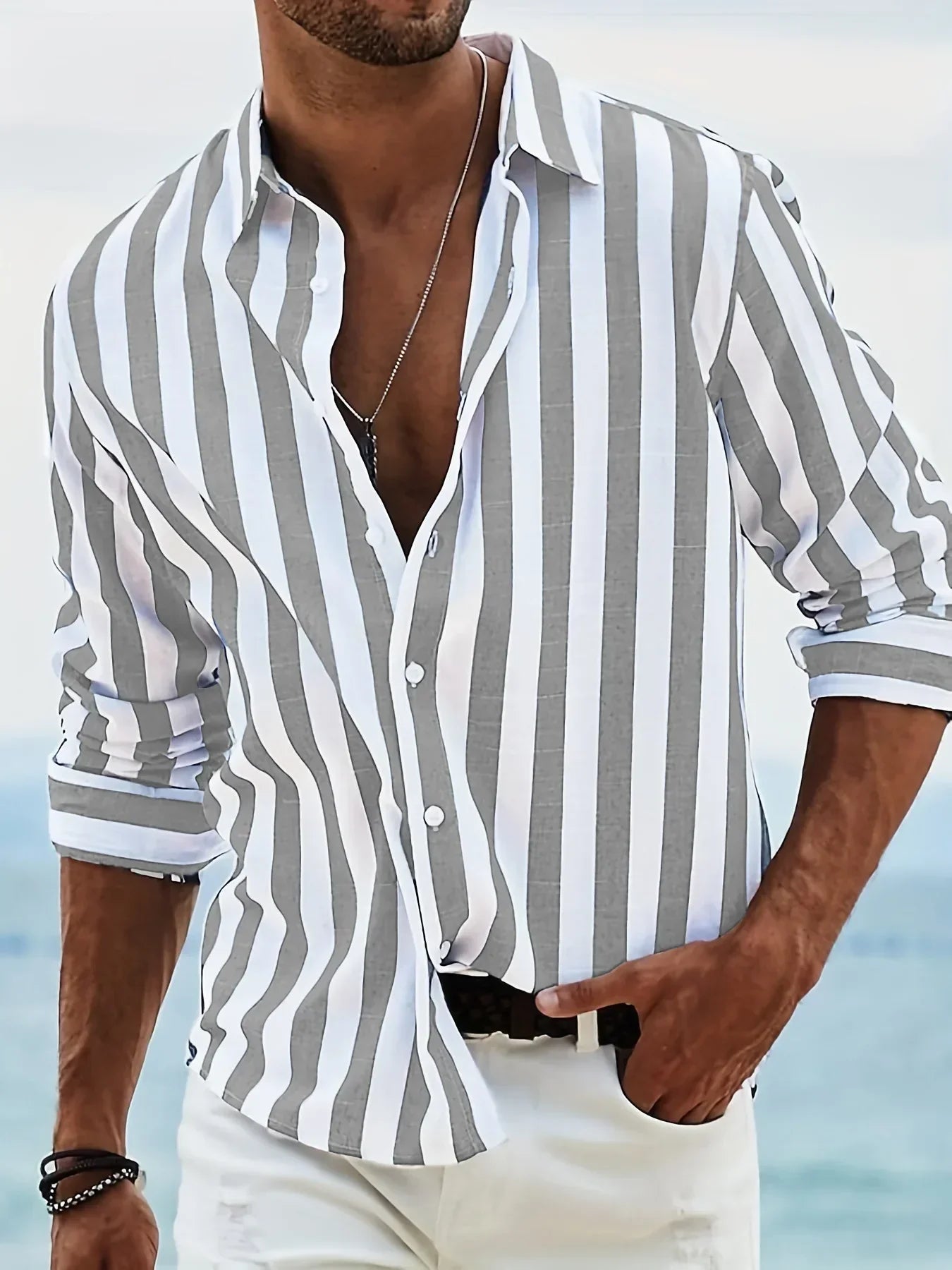 Alfie | Men's Striped Long Sleeve Shirt - Light grey