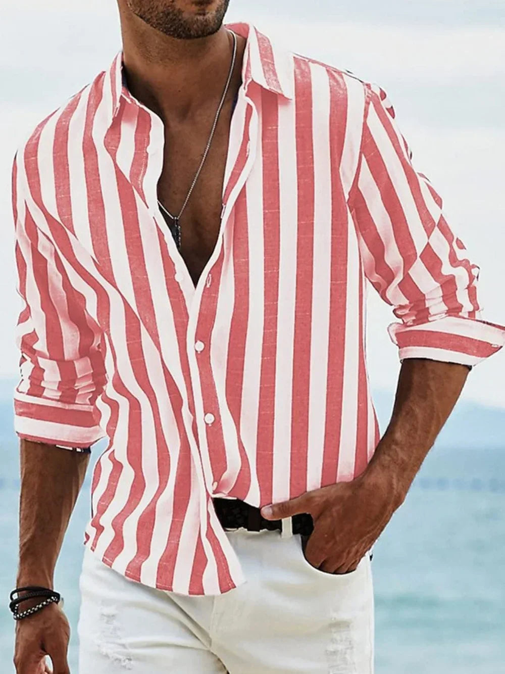 Alfie | Men's Striped Long Sleeve Shirt - Red
