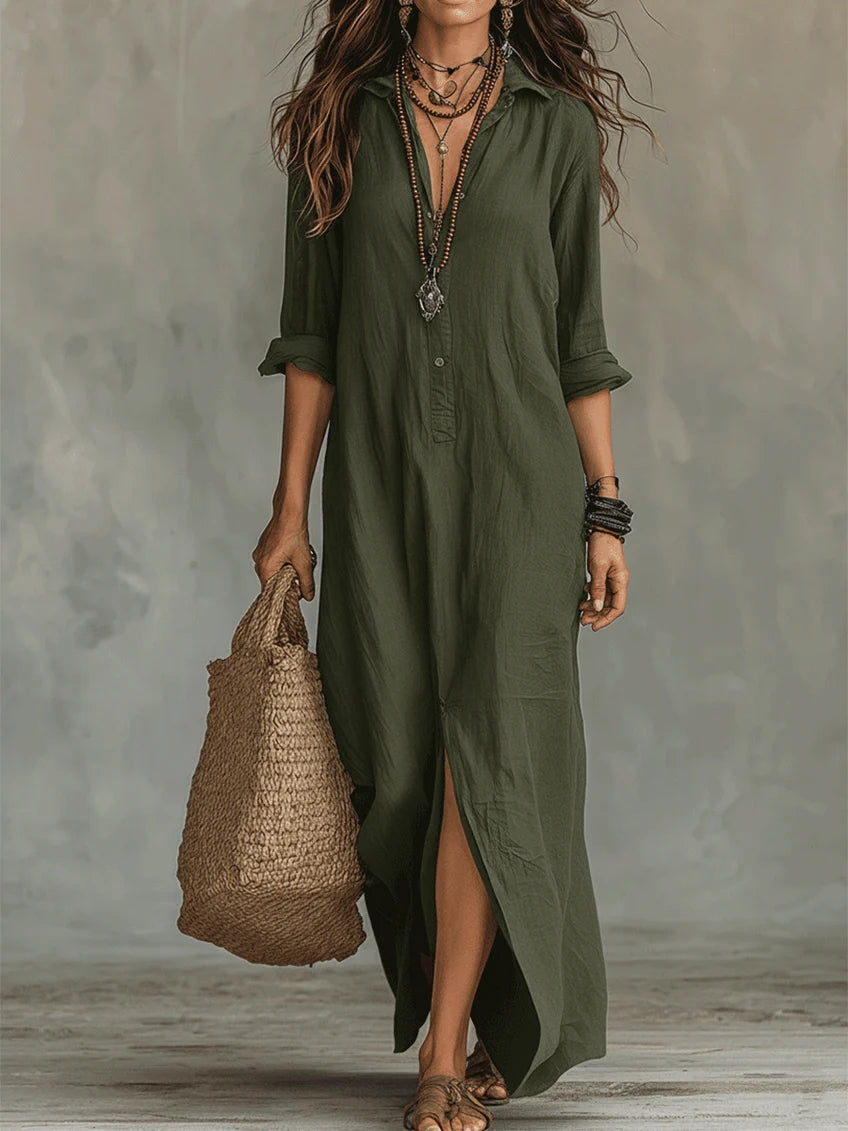 Amber | Women's Long Sleeve Maxi Shirt Dress - Green