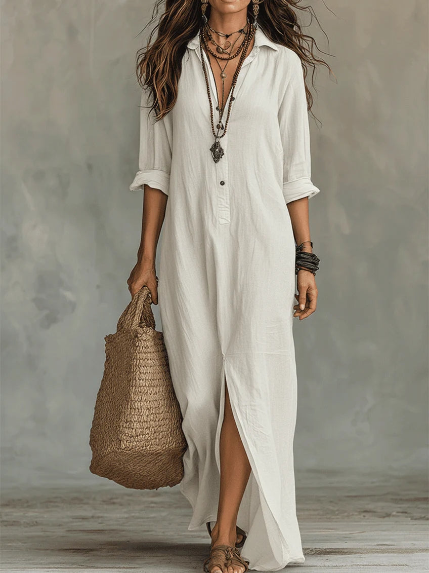 Amber | Women's Long Sleeve Maxi Shirt Dress - White