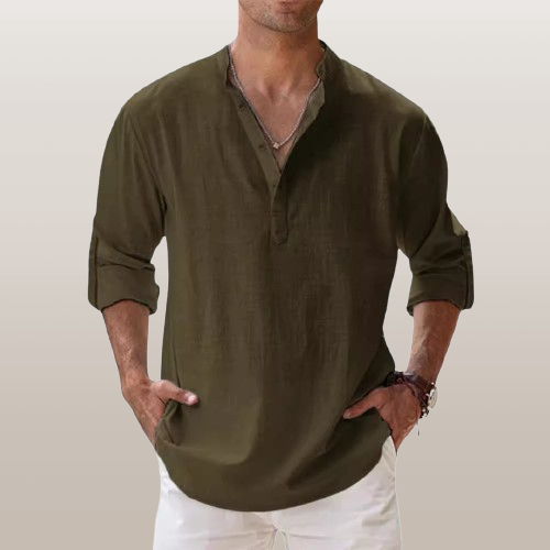 Archie | Men's Cotton Grandad Collar Shirt - military green