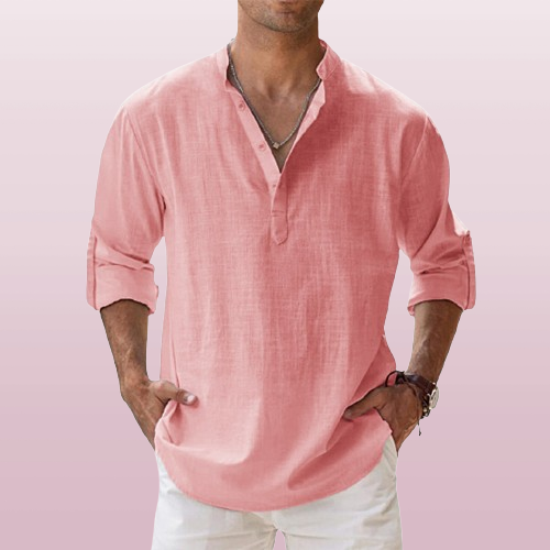 Archie | Men's Cotton Grandad Collar Shirt - peach pink