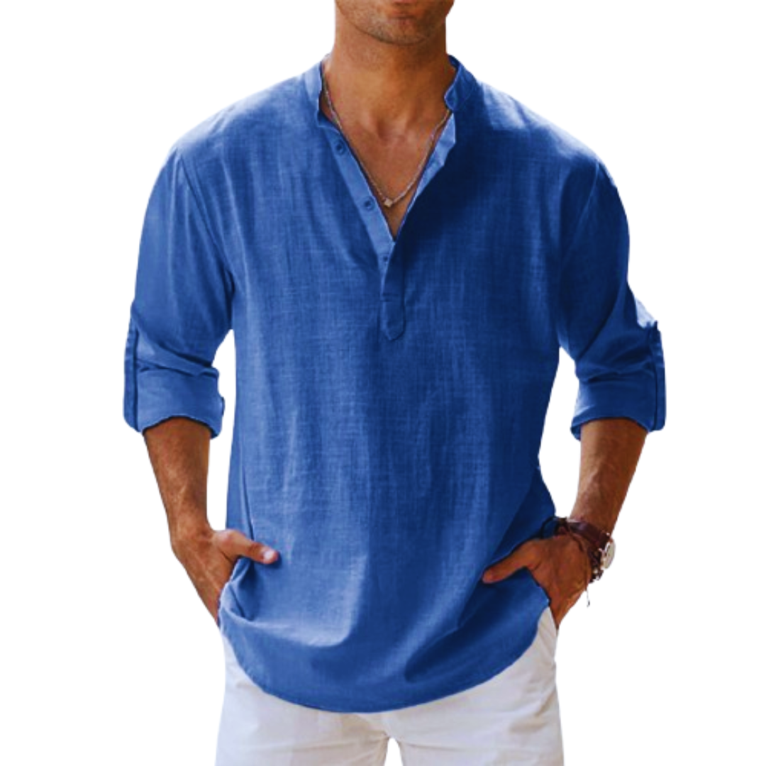 Archie | Men's Cotton Grandad Collar Shirt - royal blue