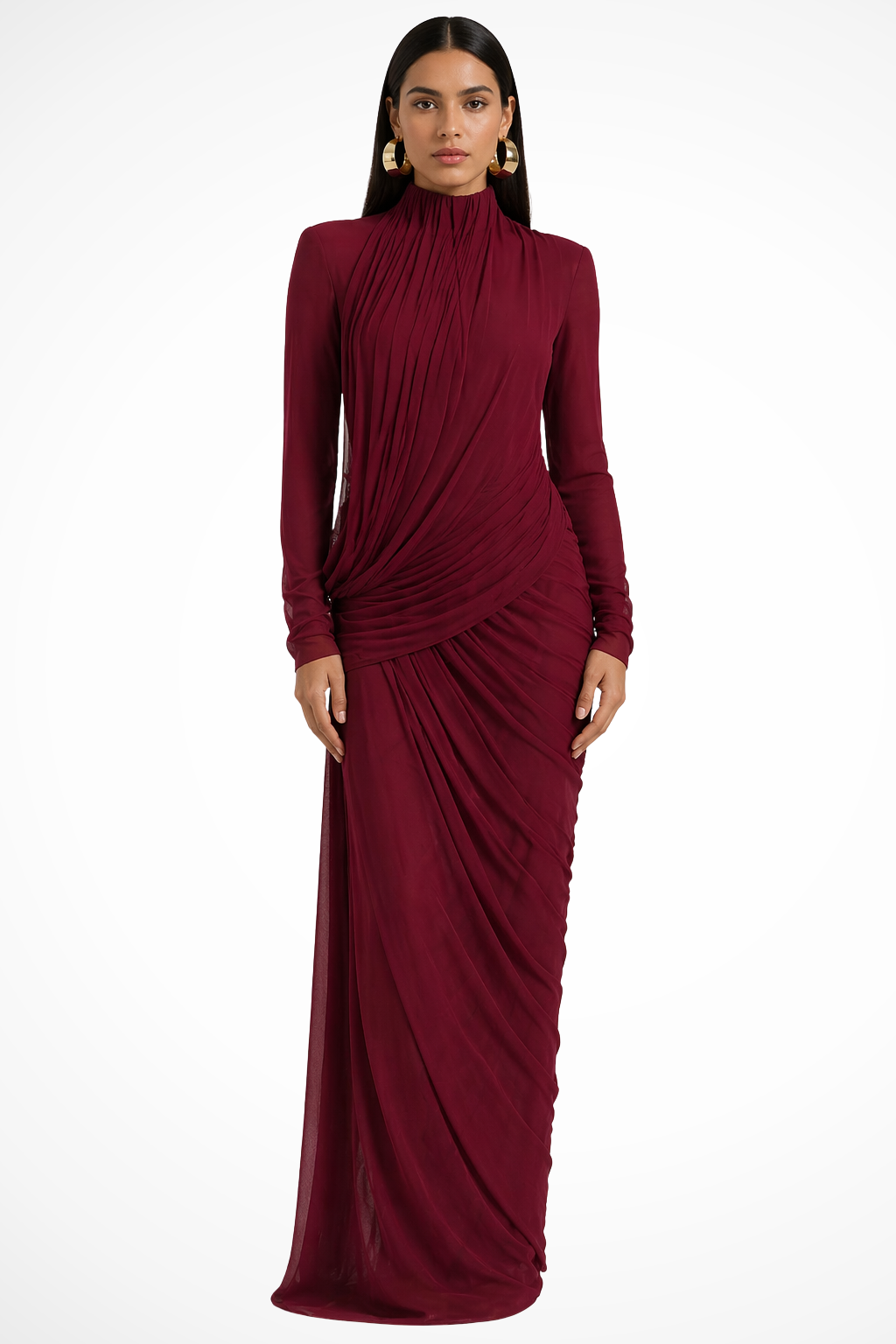 Ava | Women's Long Sleeve High Neck Maxi Dress - Burgundy