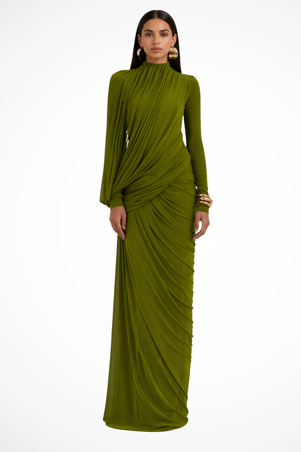 Ava | Women's Long Sleeve High Neck Maxi Dress - Green