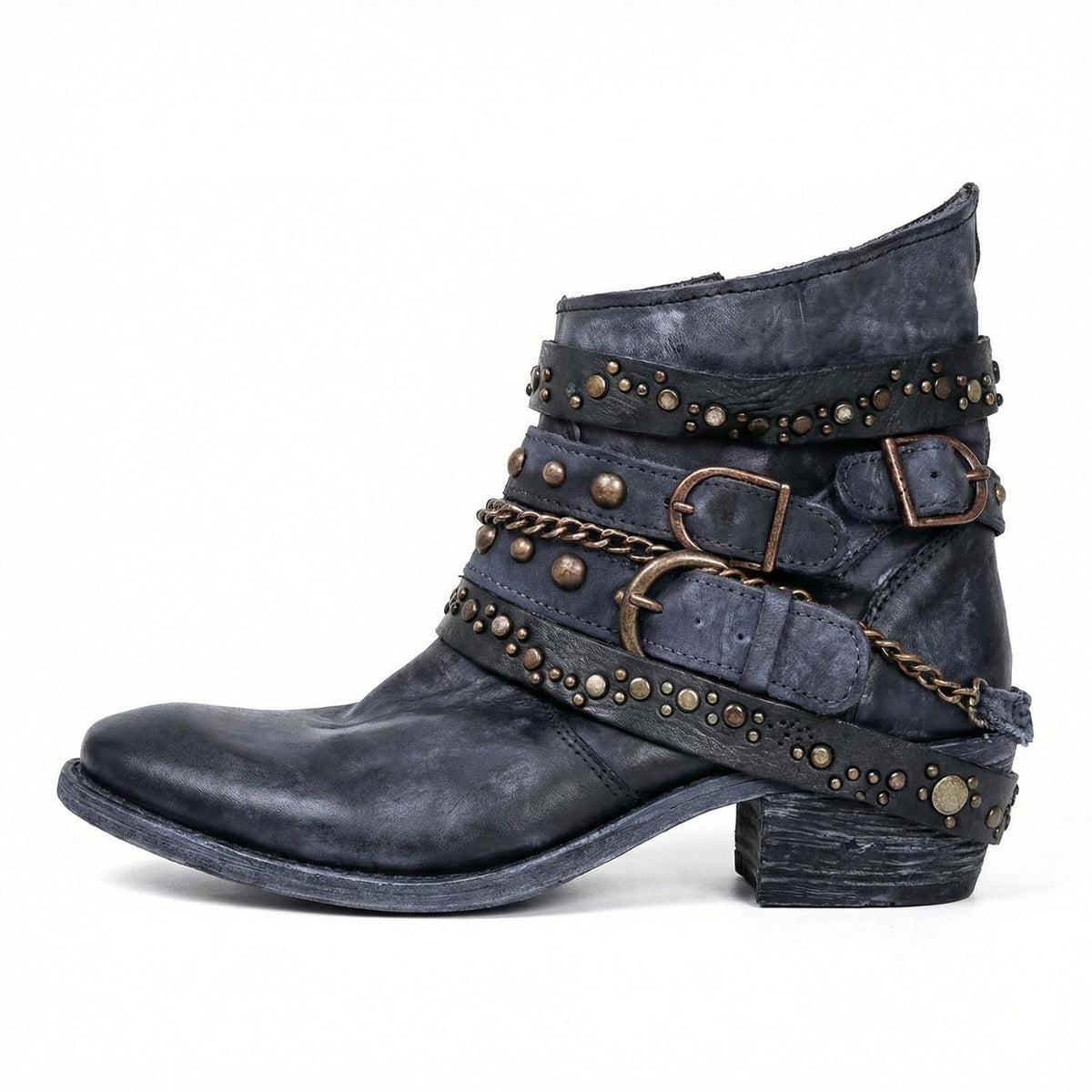 Birgitta | Ankelboots dam med nitar och kedja - Blå