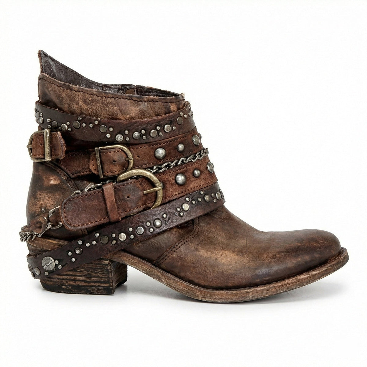 Birgitta | Ankelboots dam med nitar och kedja - Brun