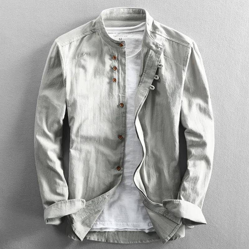 Cameron | Men's Linen Grandad Collar Shirt - Light grey