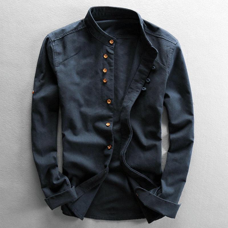 Cameron | Men's Linen Grandad Collar Shirt - Navy blue