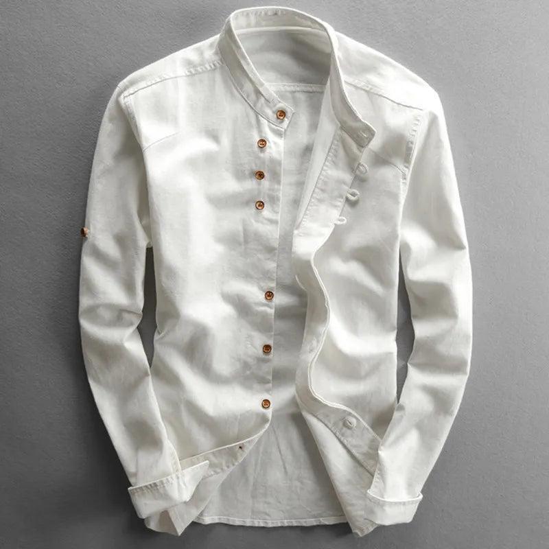 Cameron | Men's Linen Grandad Collar Shirt - White
