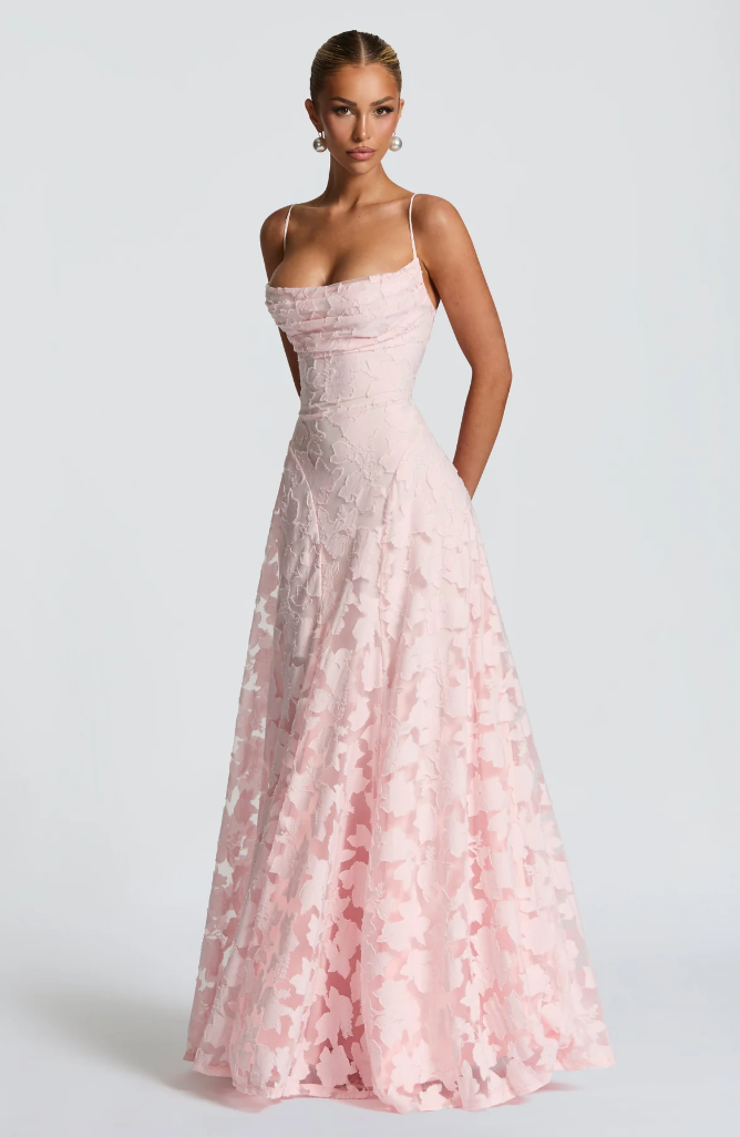 Charlotte | Women's Floral Lace Maxi Dress - Pink