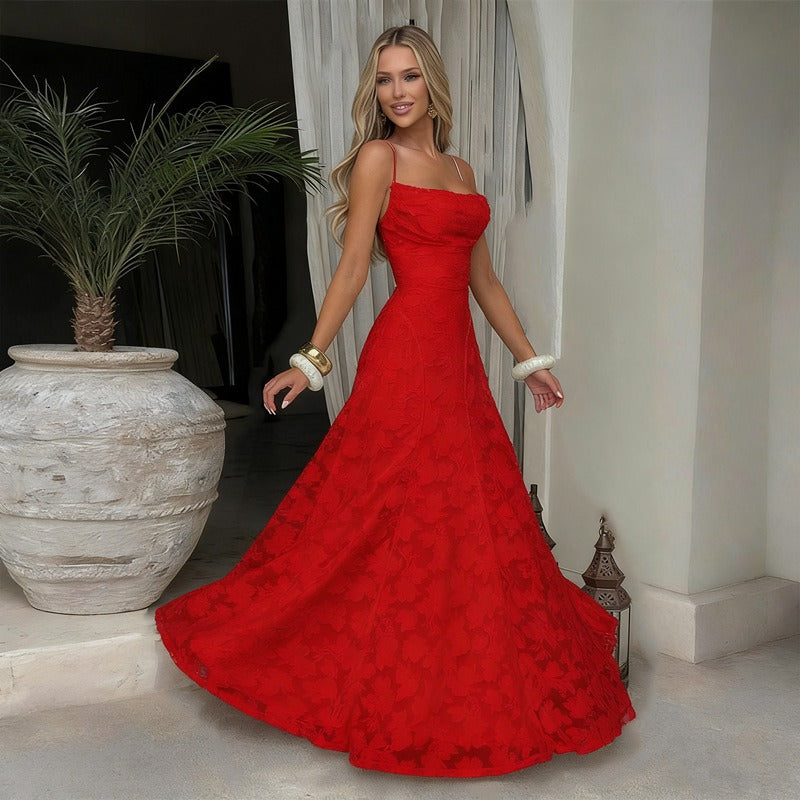 Charlotte | Women's Floral Lace Maxi Dress - Red