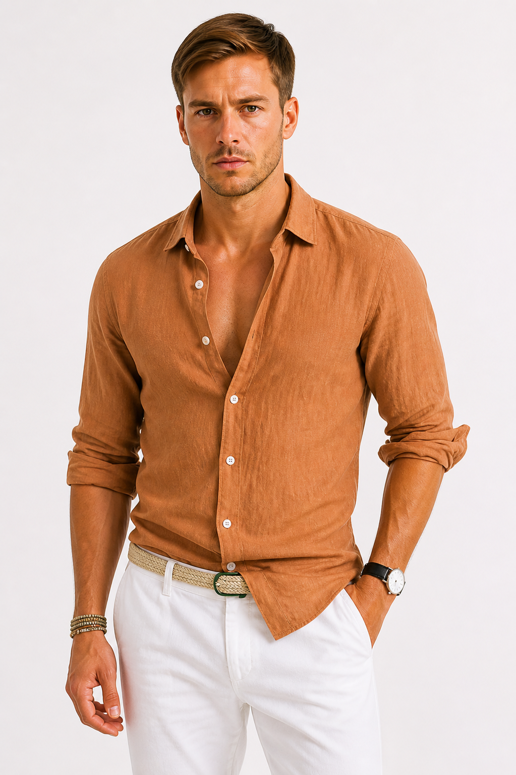 Edward | Men's Slim Fit Linen Shirt - Brown