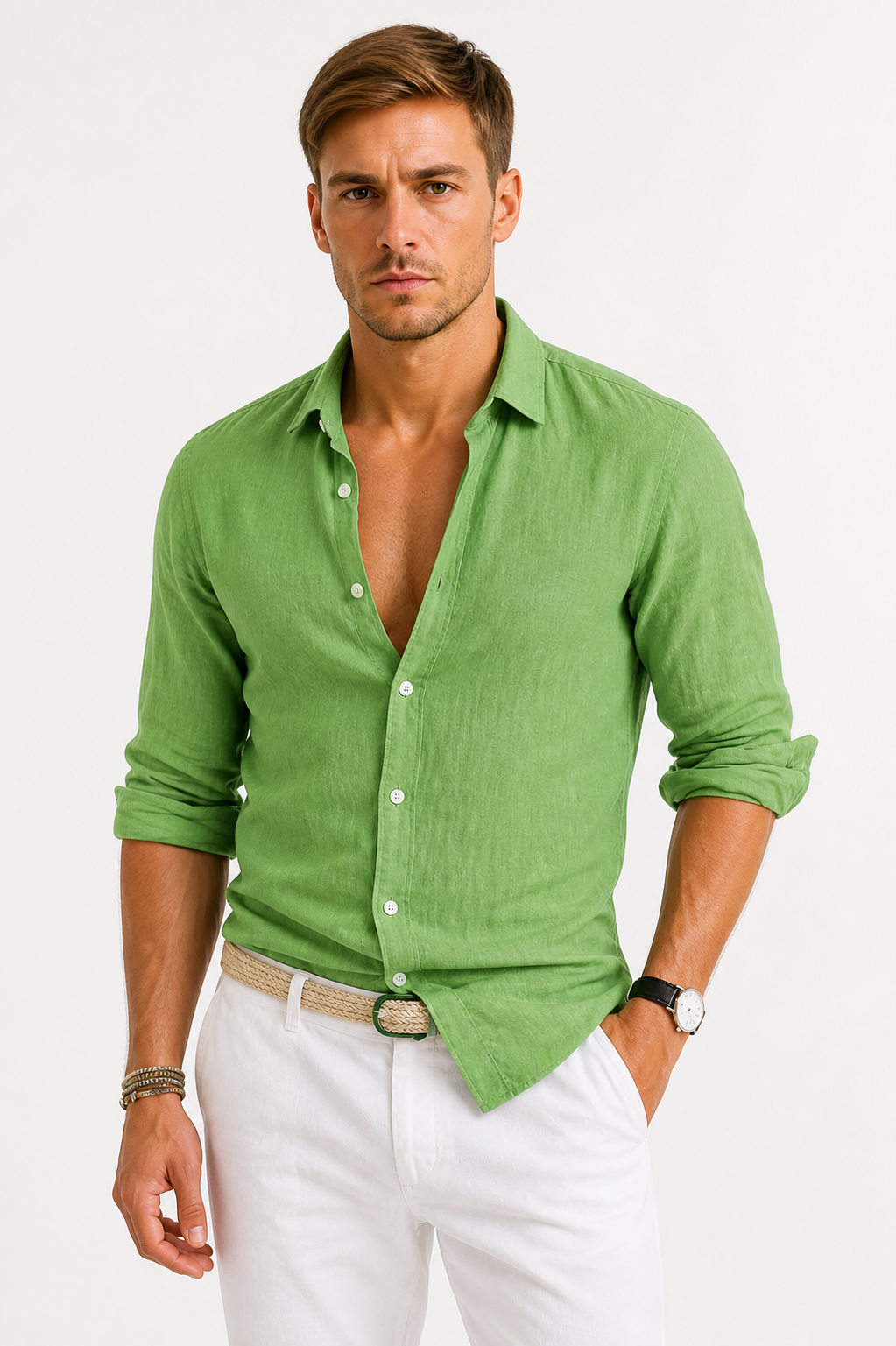 Edward | Men's Slim Fit Linen Shirt - Green